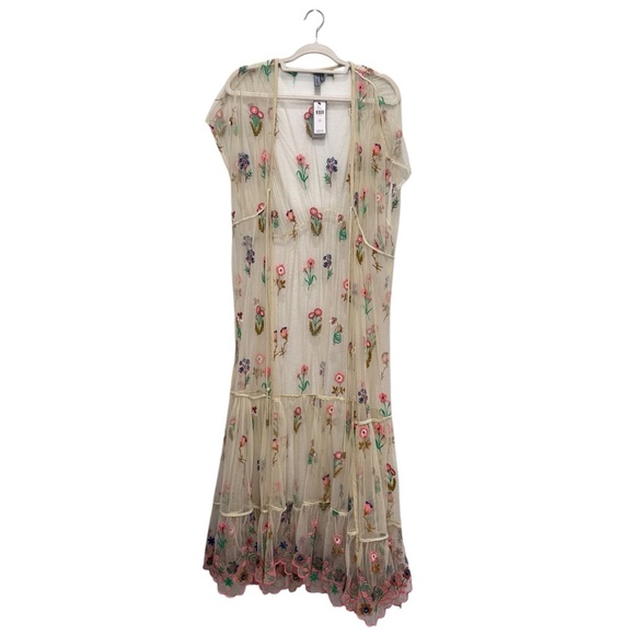 Anthropologie NWT BL^NK Sheer Embroidered Overlay Duster Cream Tan Pink One Size - Picture 6 of 14
